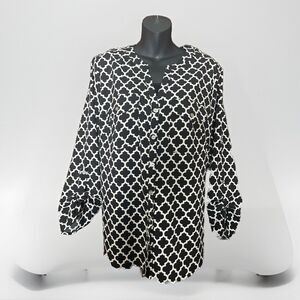 Notations Women’s Geometric Black White Print Long Sleeve Blouse Size 1X